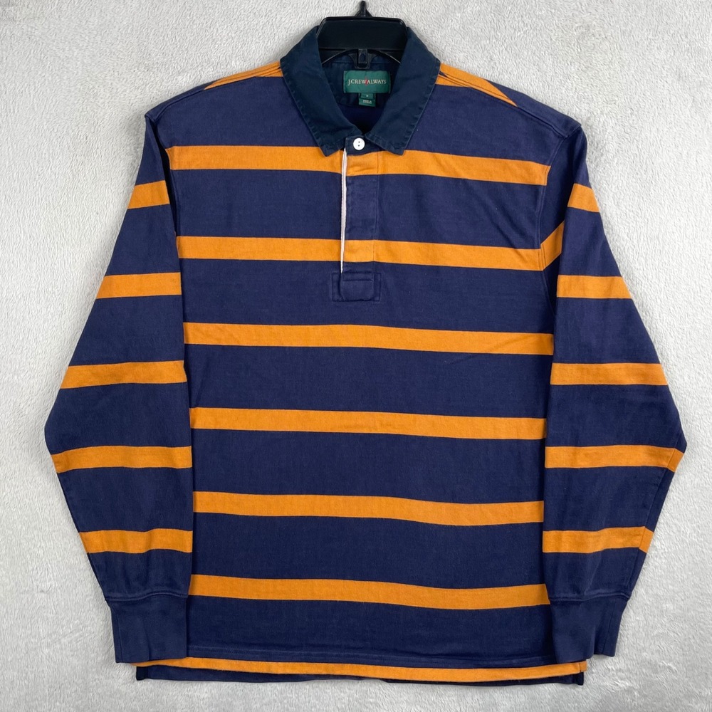 J Crew Rugby Shirt Mens Medium Blue Orange Striped Long Sleeve Polo Oarsman